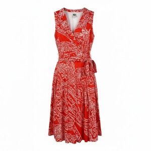 Anne Klein Faux Wrap Dress Womens 14 Orange White Paisley Sleeveless Tie Waist‎